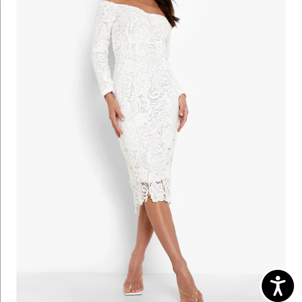 Off-Shoulder White Lace Midi Dress